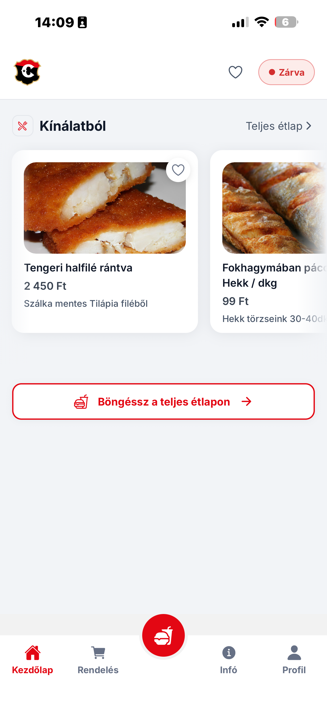 Mobilapp kezdőképernyő éttermi kínálattal