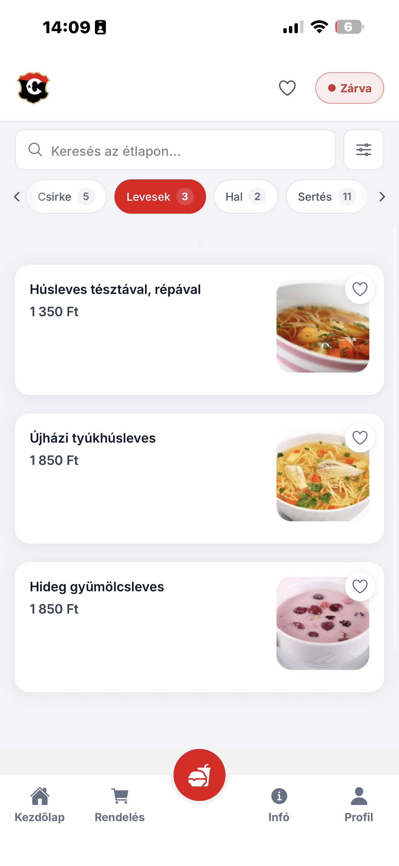 Mobilapp étlap képernyő