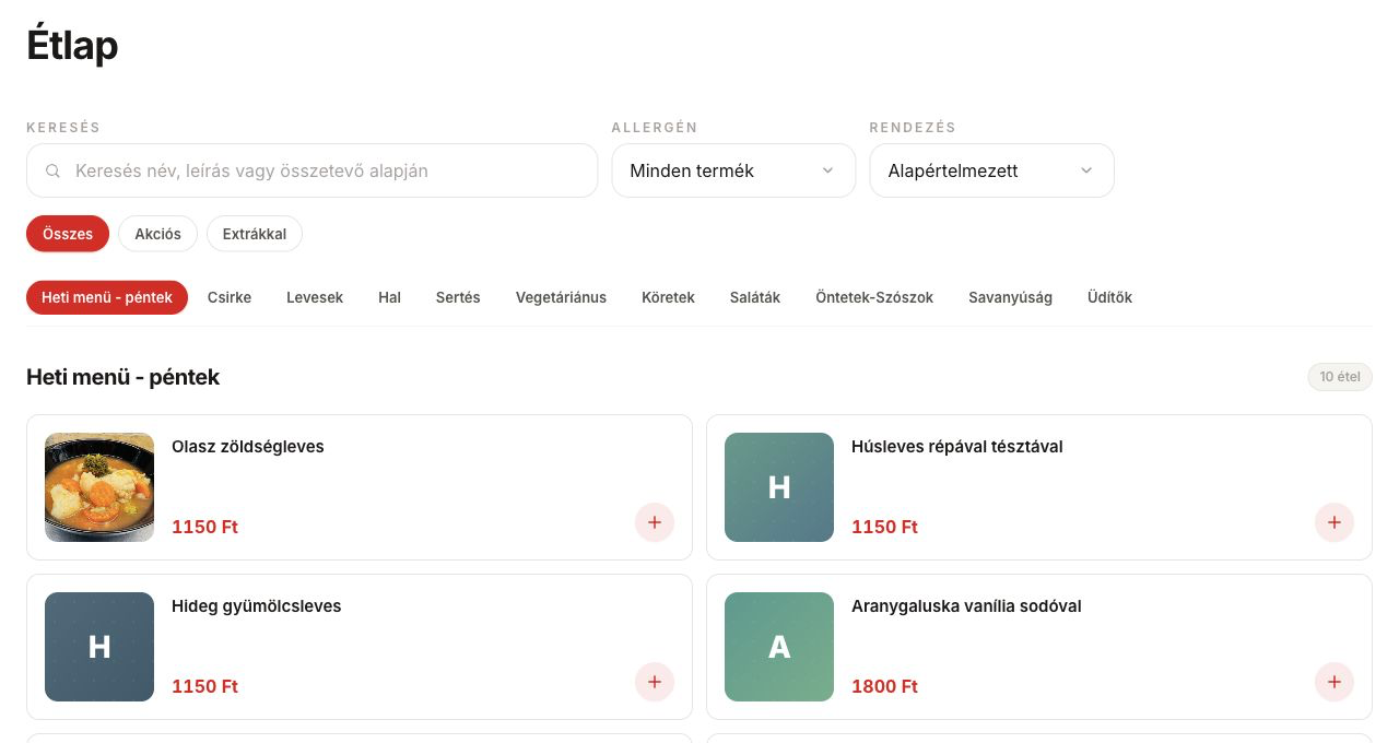 RapidGo webapp étlap termékekkel